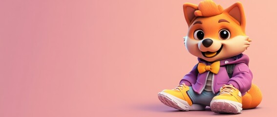 Poster - A cheerful cartoon fox character sitting against a pink background, wearing casual attire.