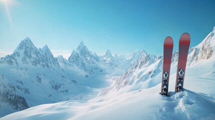 Poster - Two skis are on top of a snowy mountain