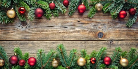 Poster - Rustic Christmas Background with Pine Branches and Ornamental Baubles