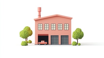 Aufkleber - A stylized pink building with a garage and a small car, surrounded by green trees.