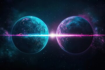 Fototapete - Two planets connected by a glowing light beam, space environment, vibrant blue and purple tones, cosmic connection, surreal digital painting