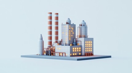 Fototapete - A stylized industrial complex with smokestacks and illuminated windows.
