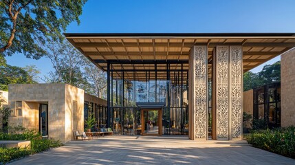 Leinwandbilder - Modern architectural building with large glass windows and intricate stonework in a natural setting.