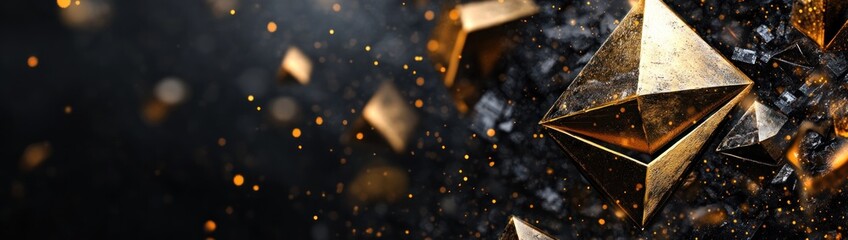 Poster - A dynamic composition of golden pyramids amidst dark shards and sparkles, symbolizing innovation.
