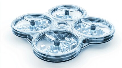 Poster - A transparent drone hovering over a cityscape, showcasing advanced technology and design.