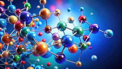 Aufkleber - A vibrant and intricate molecular model with colorful spheres interconnected by slender metallic bonds, representing the fundamental building blocks of matter.