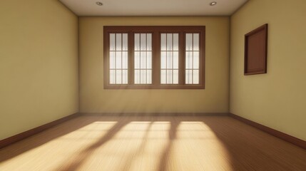 Poster - A bright, empty room with wooden floors and large windows casting shadows.