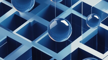 Poster - Abstract design featuring spheres in a grid-like structure with a blue color scheme.