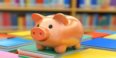 Aufkleber - A shiny piggy bank sits atop colorful books, symbolizing savings and education.