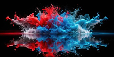 Aufkleber - A vibrant explosion of blue and red paint erupts from the surface of the water, creating a dynamic and abstract art piece.