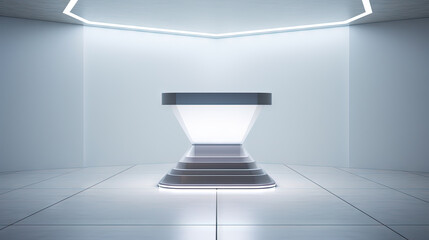 Poster - Futuristic pedestal with neon glow. Product presentation mock up for cosmetic product display. Podium, stage, pedestal or platform.