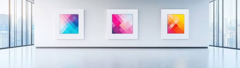 Aufkleber - AIgenerated art displayed in a modern gallery with interactive elements, Futuristic, Vibrant, Digital Composition, minimalist setting