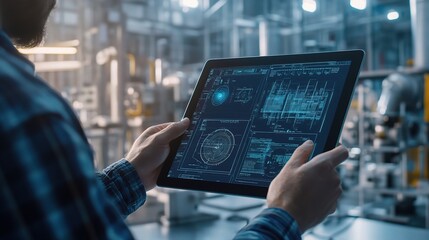 Fototapete - Isolated Engineer Holding a Vibrant Digital Tablet in a High-Tech Environment Showcasing Advanced Engineering Graphics and Data Analysis Tools