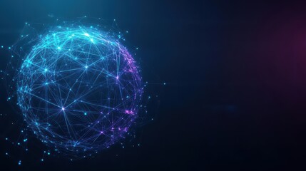 Fototapete - Abstract network of glowing nodes and lines forming a sphere, dark gradient background, blue and purple tones, hightech aesthetic, digital art