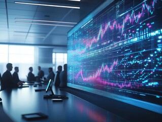 Aufkleber - A team of executives analyzing market trends on a large holographic screen in a hightech boardroom