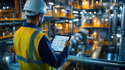 Poster - Confident engineer holding a digital tablet in a vibrant industrial setting, analyzing data and overseeing operations in a modern manufacturing facility.