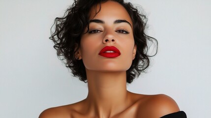 Wall Mural - woman with bold lipstick and flawless skin posing elegantly with a soft yet confident expression, sh