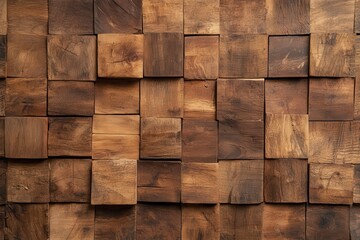 Poster - A textured wall featuring an arrangement of wooden blocks in various shades of brown, showcasing natural grains and rustic charm.
