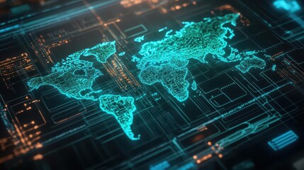 Leinwandbilder - A holographic map with glowing circuits showcasing global AI networks, Cyberpunk, Neon Green and Blue, Mixed Media, complex patterns