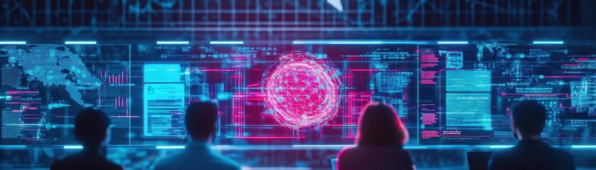 Poster - A futuristic office space with holographic screens, showcasing diverse workers in collaboration, Minimalist, Neon Glow, Blue Tones