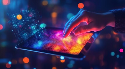 Poster - Innovative Smart Construction Project Management System Concept Showcasing a Hand Interacting with a Digital Interface and Colorful Data Visualization Elements