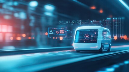 Aufkleber - A futuristic autonomous vehicle on a smart highway with interactive road signage