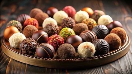 Aufkleber - Aromatic Delights A Collection of Rich and Luxurious Chocolate Truffles, Elegantly Displayed on a Rustic Wooden Tray