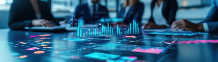 Aufkleber - A diverse business team collaborating in a modern office with holographic charts and futuristic technology on the table, symbolizing innovation and teamwork