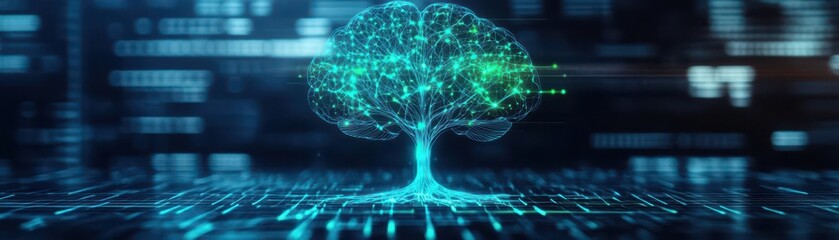 Poster - A digital hologram of a brain evolving into a tree, glowing neural networks connecting growth, dark futuristic background, neon blue and green highlights