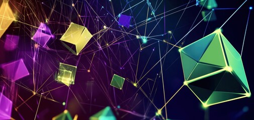 Poster - Vibrant green and purple geometric shapes in dynamic arrangement. Generative AI design