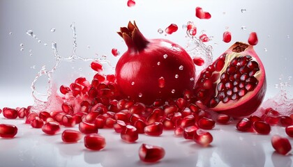 Wall Mural - Juicy pomegranate seeds burst from a ripe fruit, splashing in a vibrant display.