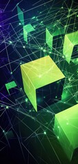 Poster - Geometric abstract design in green and purple showcasing dynamic shapes and lines. Generative AI