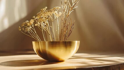 Aufkleber - Delicate dried flowers stand in a golden bowl, illuminated by soft afternoon sunlight, creating a peaceful and inviting atmosphere in the room.