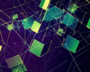 Poster - Geometric abstract design in green and purple with dynamic shapes and lines. Generative AI