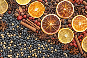 Poster - A vibrant display of dried fruits and a variety of spices is artistically arranged on a textured surface, perfect for culinary inspiration