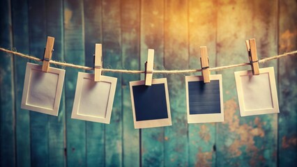Poster - Five blank photo frames hanging on a clothesline against a wooden backdrop