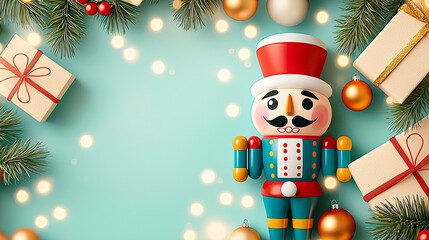Poster - A colorful nutcracker stands among wrapped gifts and ornaments, surrounded by holiday greenery and soft lights creating a cheerful atmosphere