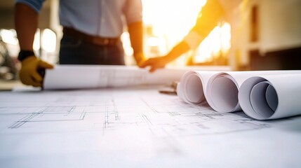 Poster - Structural Engineer and Architect Collaborating on Building Plans with Blueprint Rolls Spread Out on Table in Bright Workspace