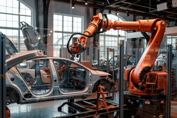 Poster - A modern automotive assembly line showcasing advanced automation technology in vehicle production. A robotic arm assembling a car in a factory .