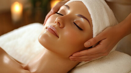 beautiful and serene woman enjoying a facial massage, her relaxed expression reflecting the rejuvena