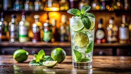 Poster - A refreshing mojito cocktail garnished with fresh mint and lime slices, placed on a wooden counter in a dimly lit bar setting.