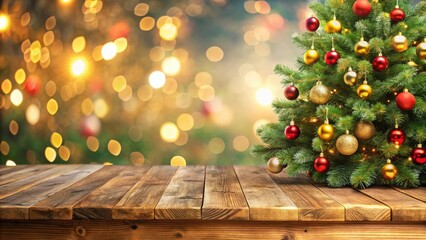 Poster - A Rustic Wooden Table with a Christmas Tree in the Background and a Sparkling Blur of Lights