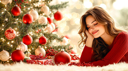 Poster - A woman in a red sweater smiles contently beside a festive Christmas tree adorned with bright ornaments and wrapped gifts