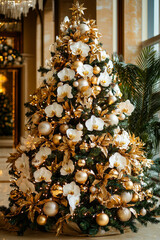 Poster - A beautifully decorated Christmas tree features gold and white ornaments, flowers, and lights in a sophisticated indoor space