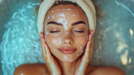 beautiful and serene woman enjoying a facial massage, her relaxed expression reflecting the rejuvena