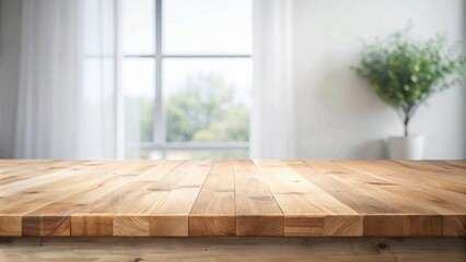 Poster - Empty wooden table top with blurred background of a window with white curtains and a potted plant in the corner