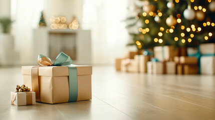 Poster - Festive presents sit on the floor in a warmly decorated room, enhancing the holiday spirit with a glowing Christmas tree nearby
