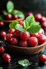 Aufkleber - Juicy red currants glisten with moisture, nestled amongst fresh mint leaves in a wooden bowl, creating a vibrant and appetizing display