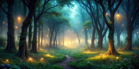 Poster - A Serene Path Through a Mystical Forest Illuminated by Glowing Lights