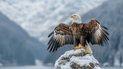 Wall Mural - majestic bald eagle with wings spread on snowy rock